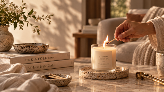 Hands carefully pouring scented wax into a candle vessel at Saffron Atelier & Co.