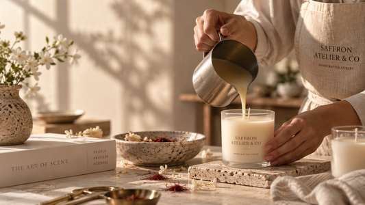 Hands carefully pouring scented wax into a candle vessel in the Saffron Atelier